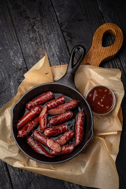 grilled sausages in a pan on a black background