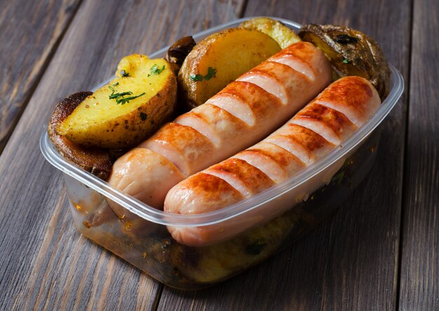 Grilled sausages and potatoes in a plastic box. 