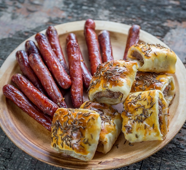 Grilled sausages and sausage rolls