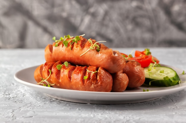 Grilled sausages with fresh vegetables are on the platter