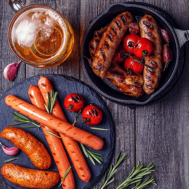Grilled sausages with glass of beer on wooden table. Top view with copy space.