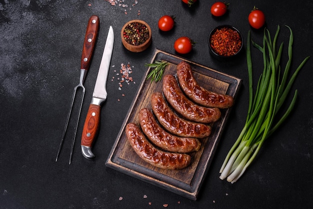 Grilled sausages with ingredients on a cutting board on a stone background