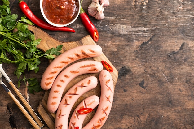 Grilled sausages with ketchup, herbs and chili peppers