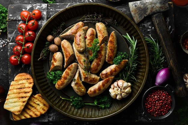 Grilled sausages with rosemary and spices Barbecue On a black stone background