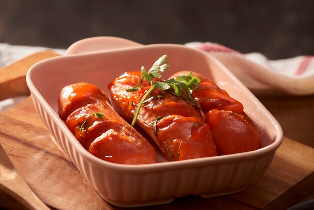 Grilled sausages with sauce ketchup on a wooden table