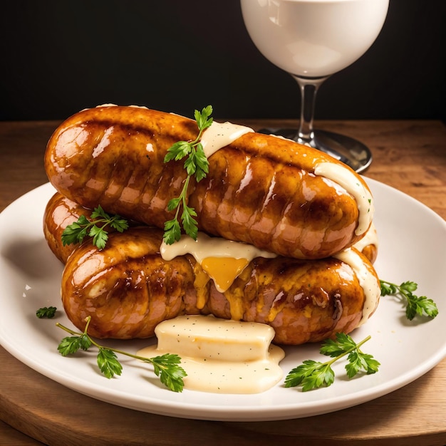 Grilled sausages with sauce and mayonnaise on wooden table AIgenerated