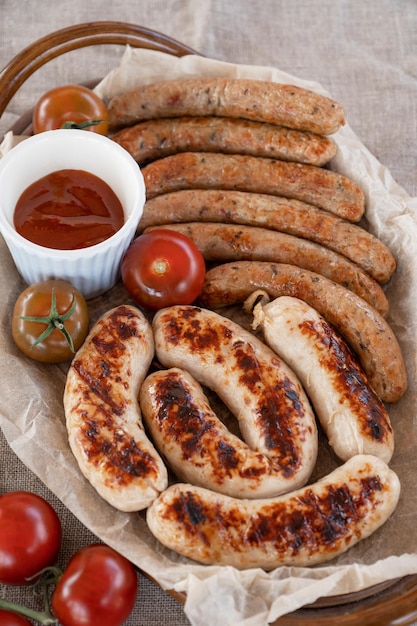 Grilled sausages with sauce and vegetables summer rest concept