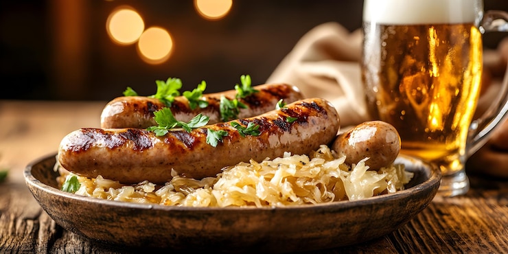 Photo grilled sausages with sauerkraut and beer