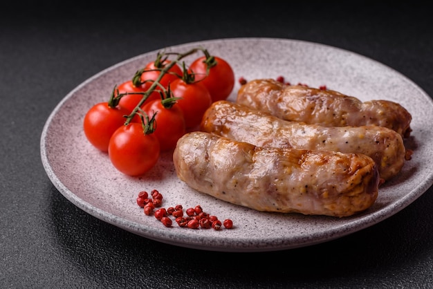 Grilled sausages with spices and herbs With copy space