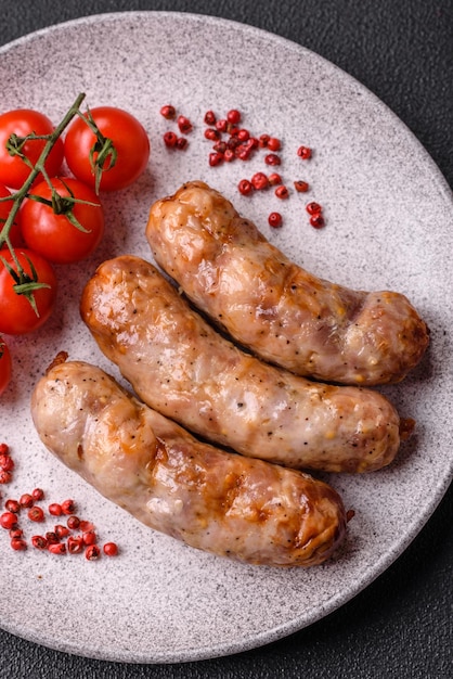 Grilled sausages with spices and herbs With copy space