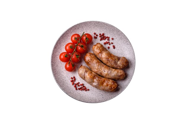 Photo grilled sausages with spices and herbs with copy space