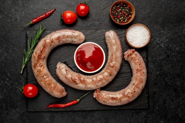 grilled sausages with spices on a stone background