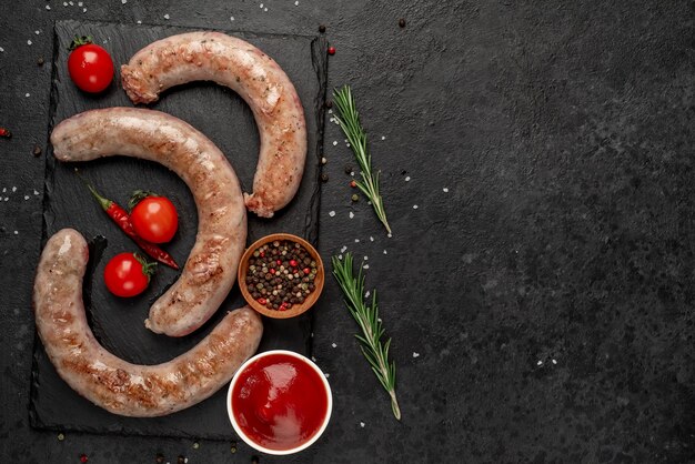 grilled sausages with spices on a stone background