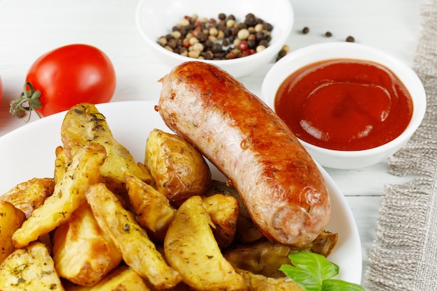 Grilled sausages with spices on a wooden table