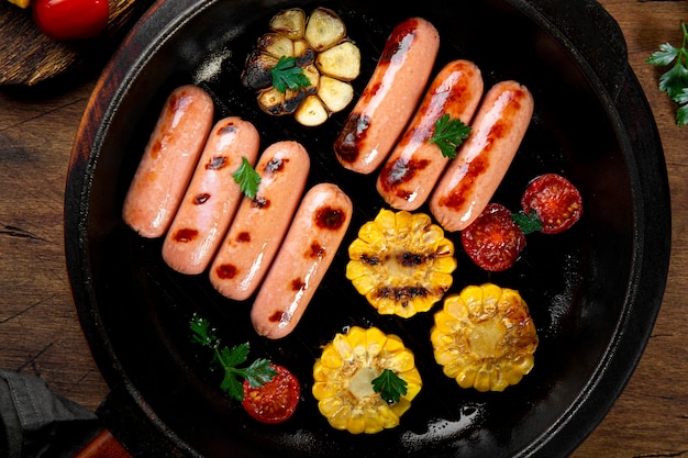 Grilled sausages with vegetables and sauces summer bbq with corn and tomatoes