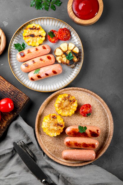 grilled sausages with vegetables and sauces summer bbq with corn and tomatoes