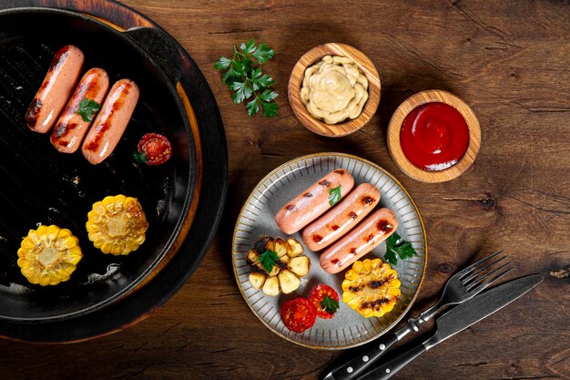 grilled sausages with vegetables and sauces summer bbq with sausages corn and tomatoes