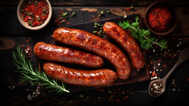 Photo grilled sausages on a wooden board high quality photo