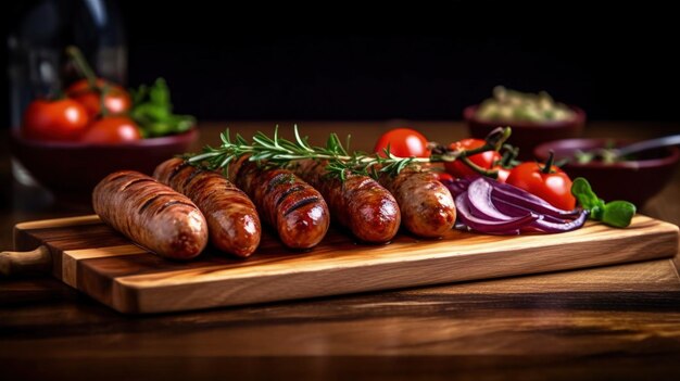 Grilled sausages on a wooden board illustration ai generativexa