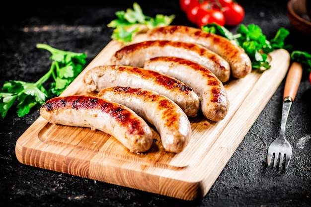 Grilled sausages on a wooden cutting board with parsley and tomatoes