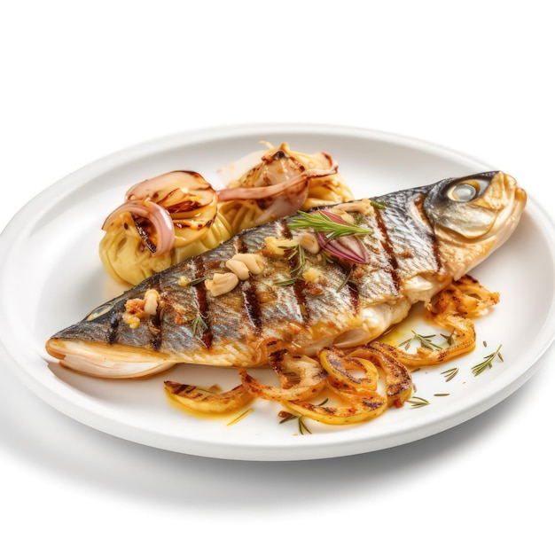 A grilled sea bass marinated with few onions on a white plate on a white table