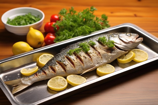 Grilled sea bass on a stainless steel serving tray