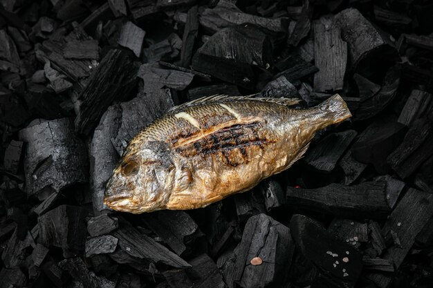 Grilled sea bream fish on coals