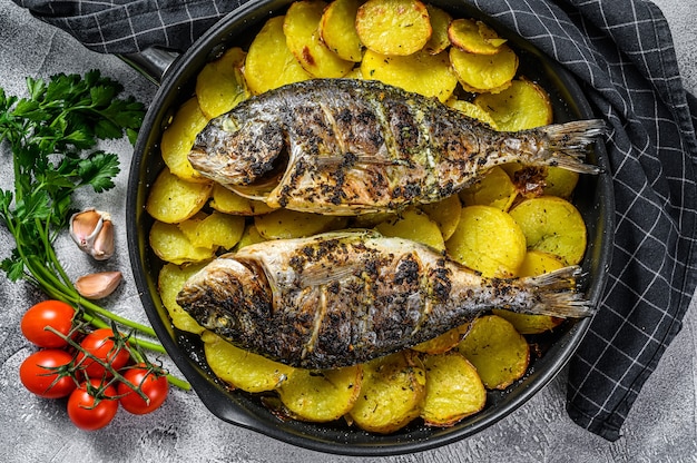 Grilled sea bream fish with potatoes in a pan