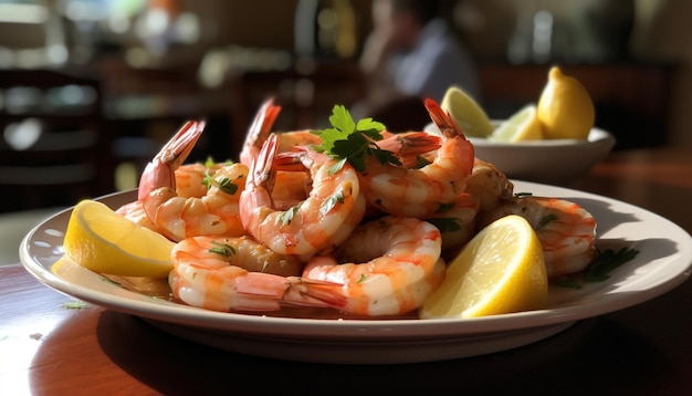 Foto piatto di pesce alla griglia con scampi di gamberi e contorno di limone generato da ai