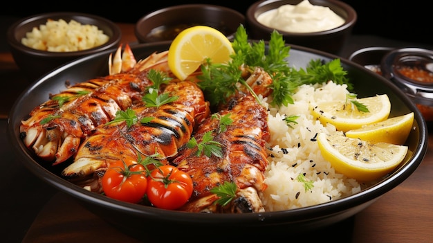 Grilled seafood plate with prawns crab and steamed scampi