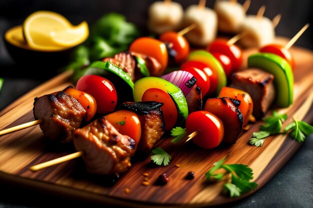 Grilled shish kebab or shashlik pork on skewers closeup