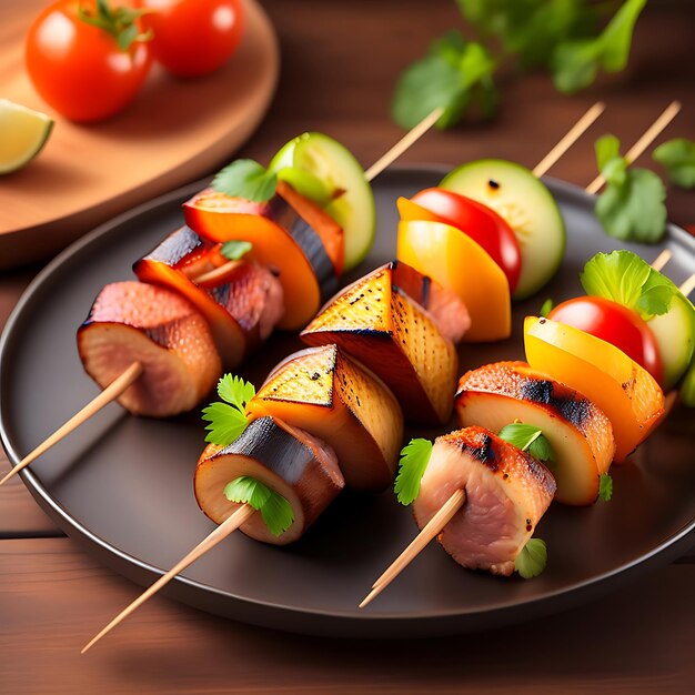 Grilled shish kebab or shashlik pork on skewers closeup