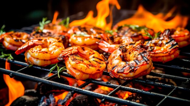 Photo grilled shrimp on a charcoal grill with flames