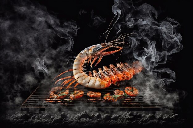 Grilled shrimp dark background fire smoke Generative AI