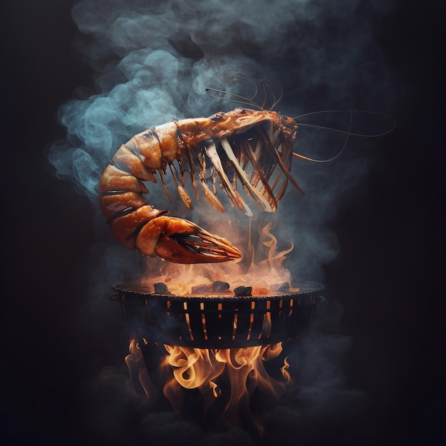 Grilled shrimp dark background fire smoke Generative AI