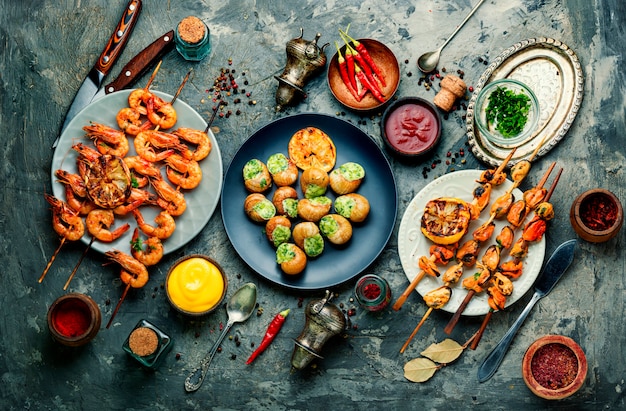 Grilled shrimp and mussels on wooden stick