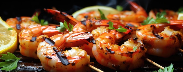 Grilled shrimp skewer Close up Sea food Generative ai