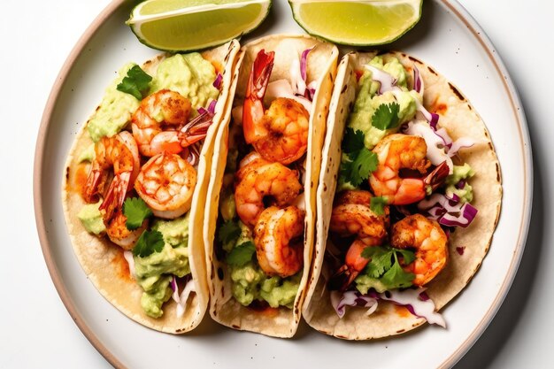 Grilled Shrimp Tacos Withvocado Crema On White Plate Generative AI