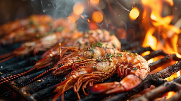 Grilled shrimps on a barbecue with intense fire flames