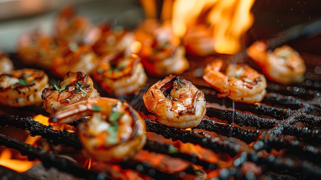 Grilled shrimps on the flaming grill