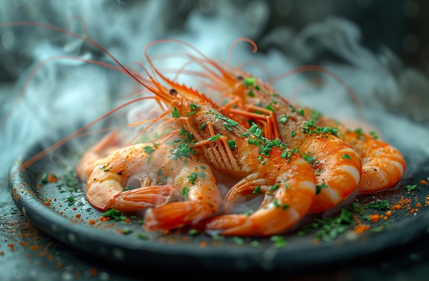 Grilled shrimps on plate with smoke