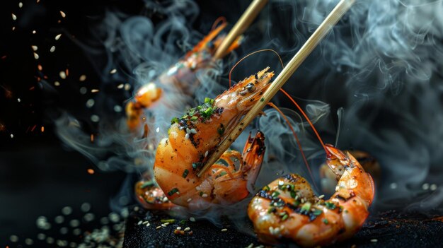 Grilled shrimps prawn with spicy ingredient with chopsticks and hot smoke in black background