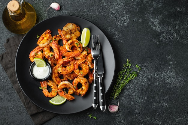 Grilled shrimps or prawns served with lime.