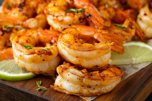 Grilled shrimps or prawns served with lime.