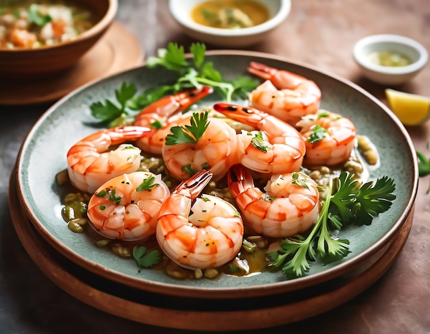 Foto gamberetti alla griglia con salse d'aglio e prezzemolo su piatto di ceramica