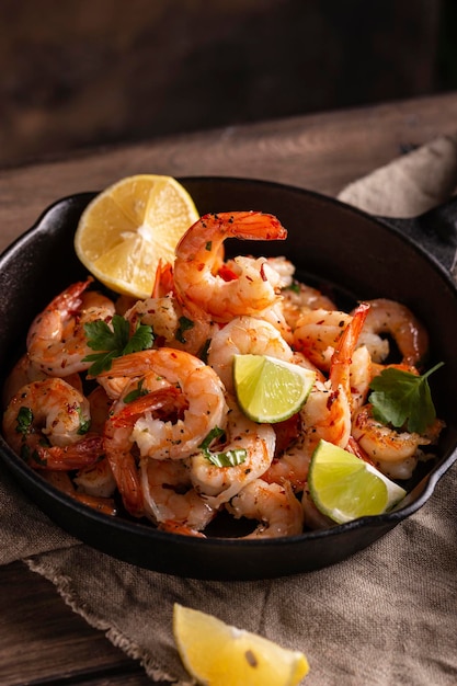 Grilled shrimps with greens and garlic in a pan