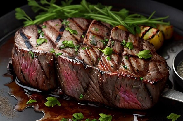 Grilled sirloin steak cooked rare with herb seasoning and flame