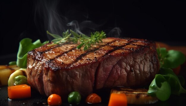 Grilled sirloin steak cooked rare with salad generated by AI