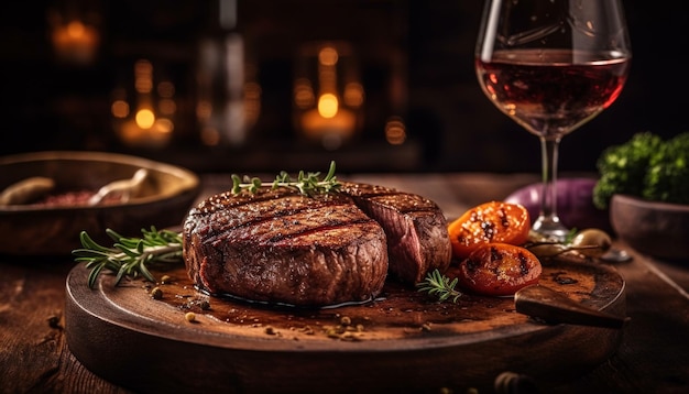 Grilled sirloin steak on rustic wood table generated by AI