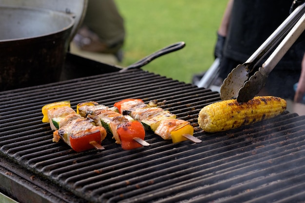 Grilled skewers of salmon and vegetables